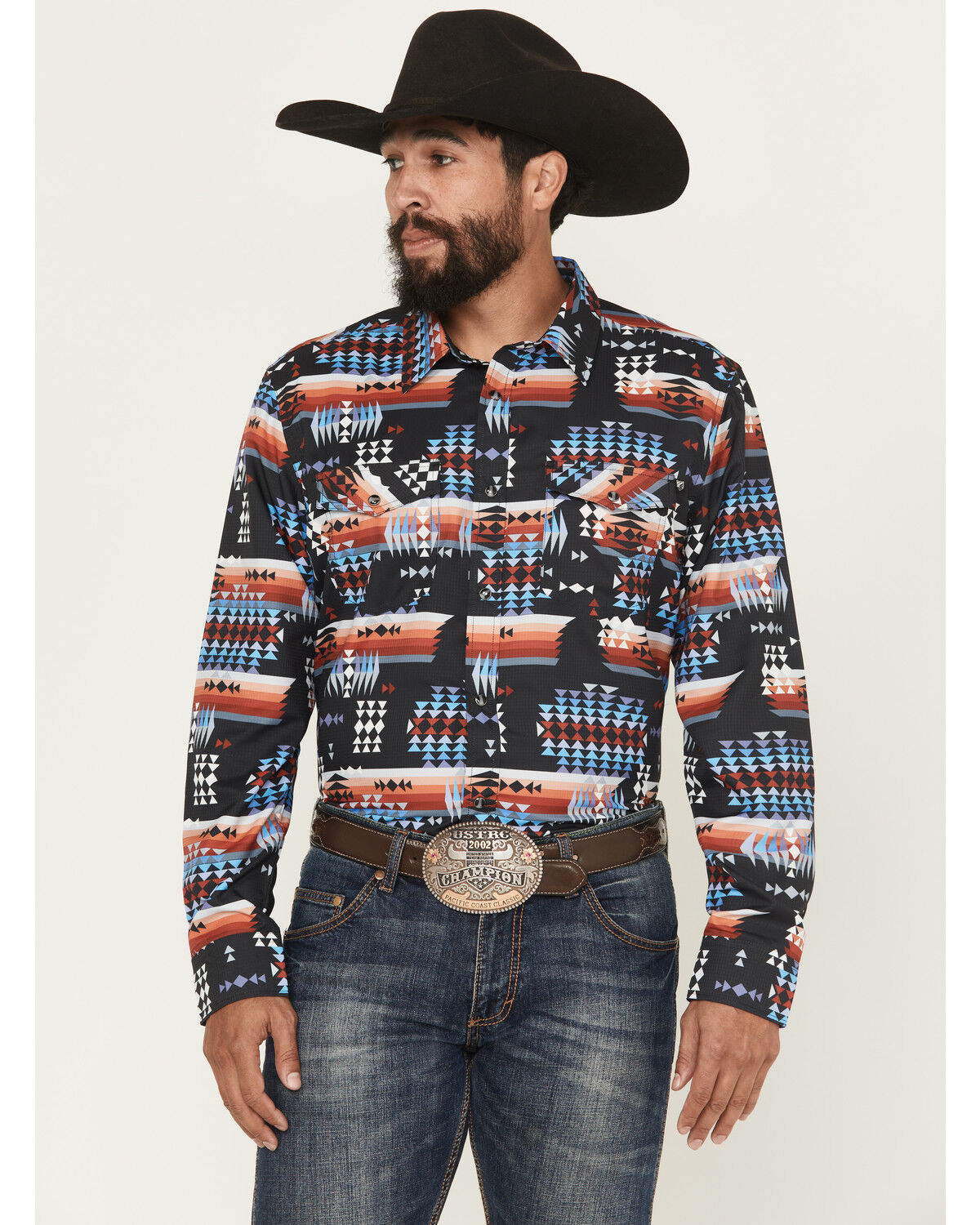 Image #1 - RANK 45® Men's Nate Southwestern Print Long Sleeve Snap Performance Western Shirt, Black, hi-res