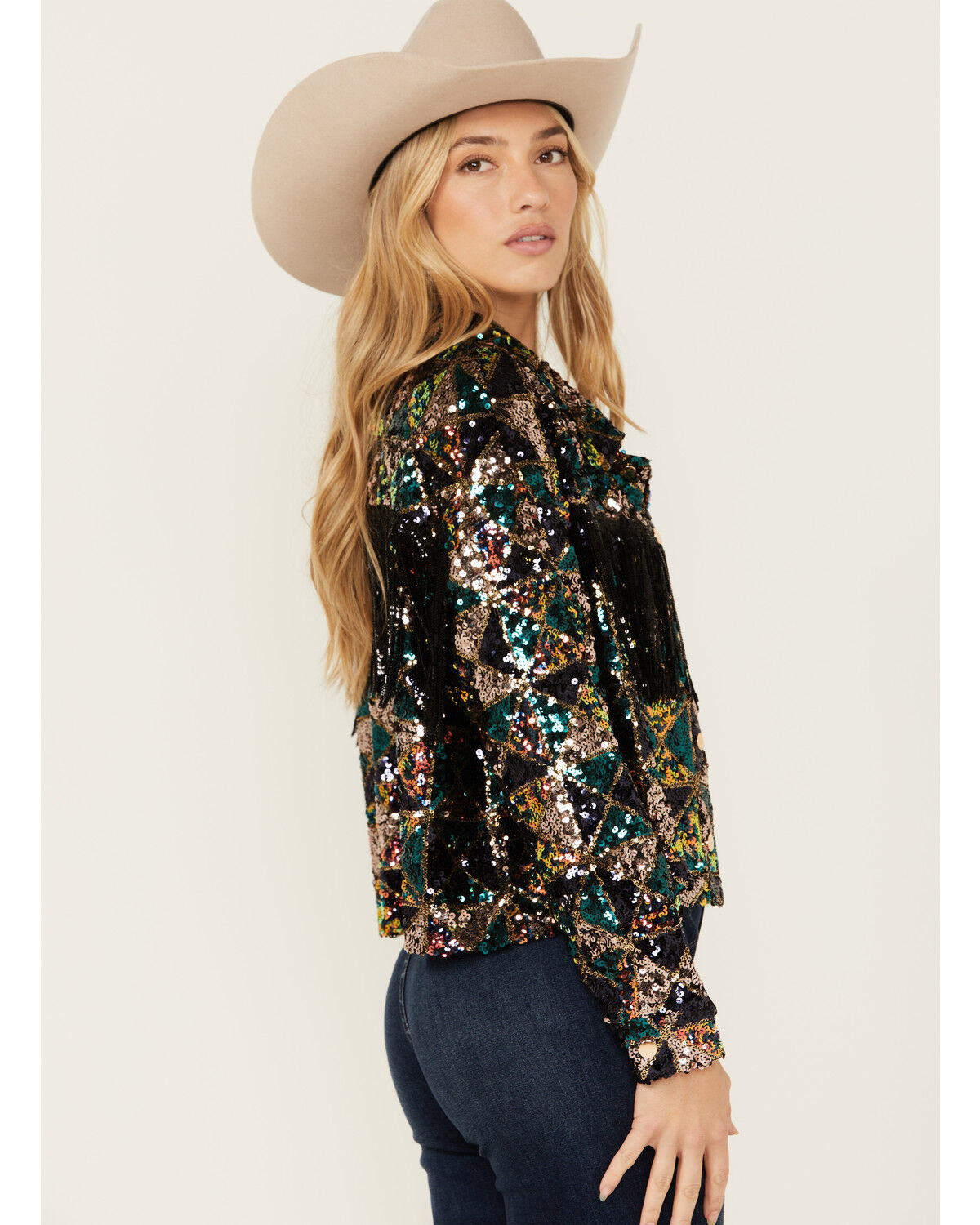 Image #2 - Miss Me Women's Sequin Cropped Fringe Jacket, , hi-res