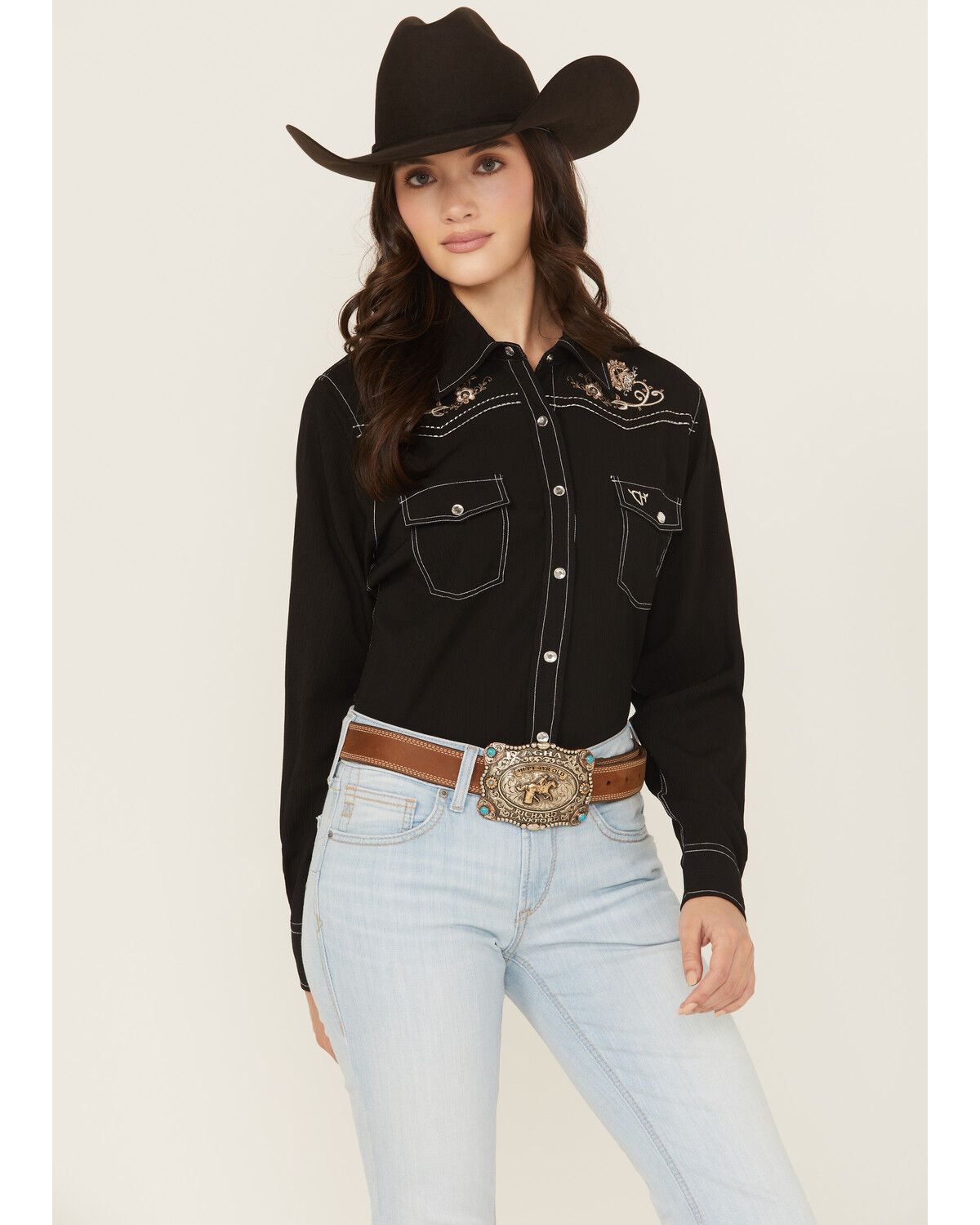 Image #1 - Cowgirl Hardware Women's Floral Embroidered Long Sleeve Snap Western Shirt, Black, hi-res