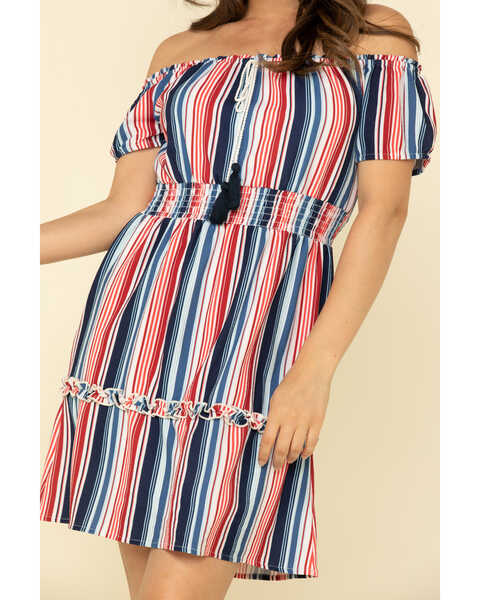 Image #5 - Rock & Roll Denim Women's Stripe Off The Shoulder Dress, Red/white/blue, hi-res