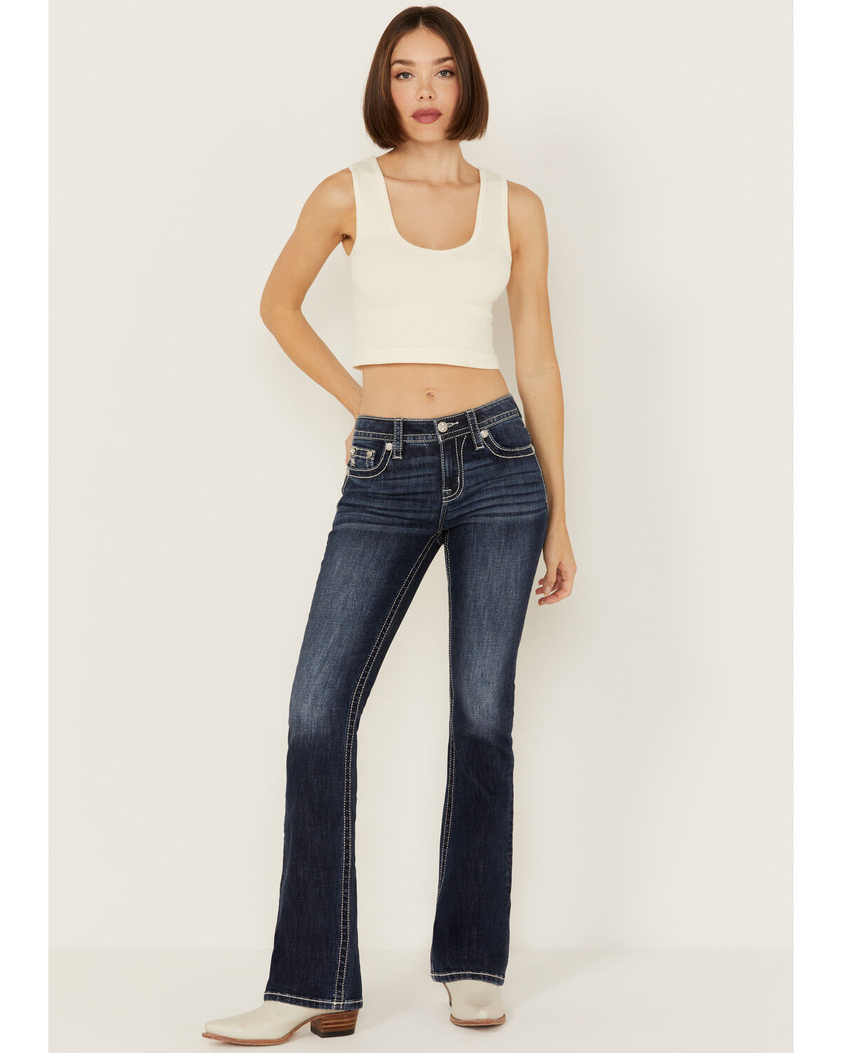 Image #3 - Miss Me Women's Dark Wash Mid Rise Patchwork Pocket Bootcut Stretch Denim Jeans, Dark Wash, hi-res
