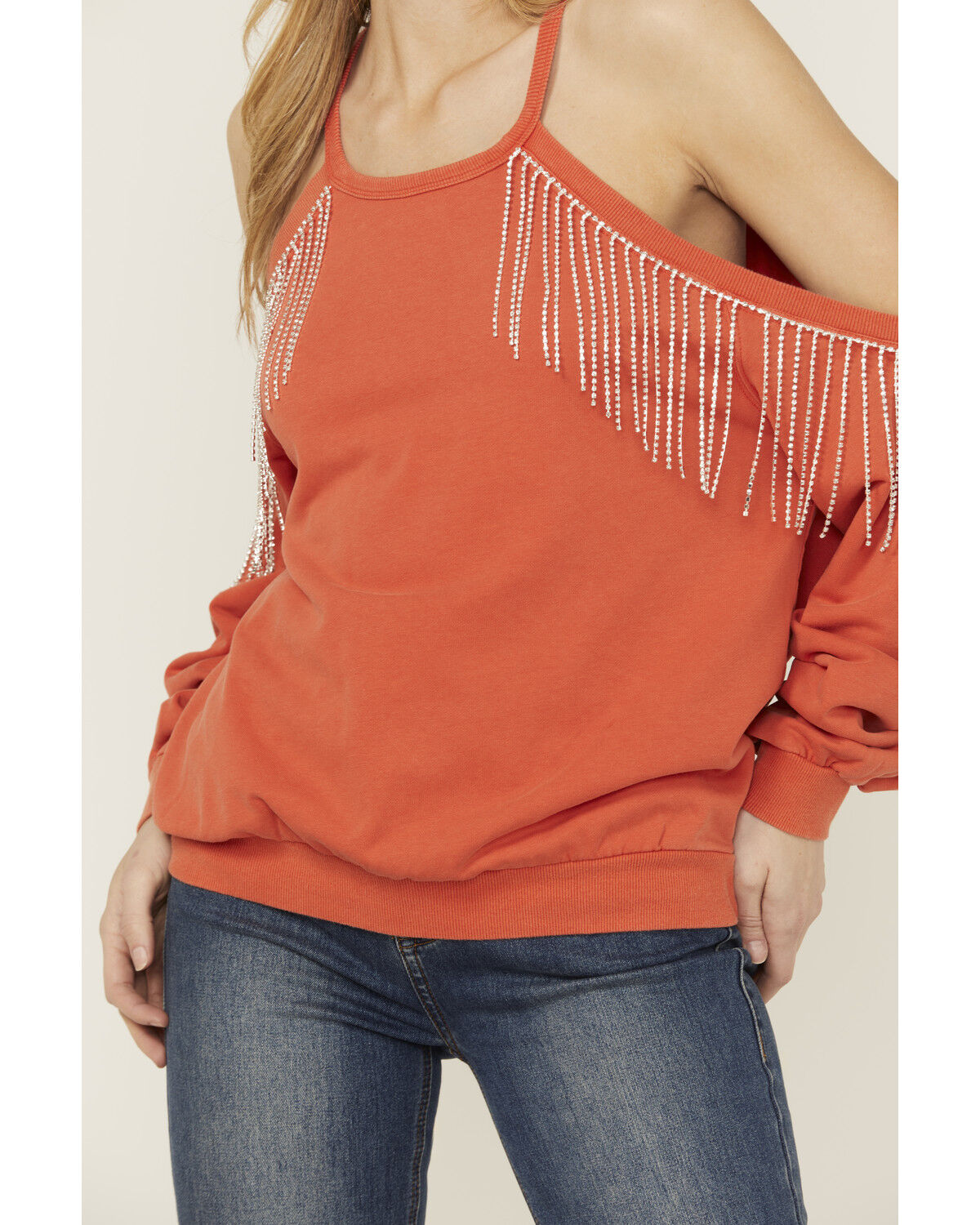 Image #3 - Blue B Women's Rhinestone Fringe Cold Shoulder Sweatshirt, Orange, hi-res