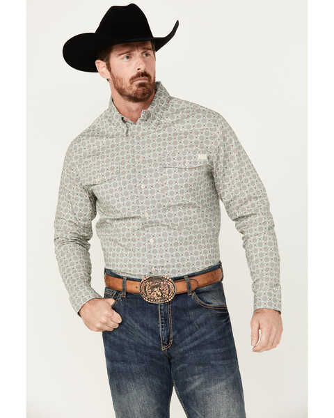 Justin Men's Boot Barn Exclusive JustFlex Medallion Print Long Sleeve Button-Down Western Shirt , Green, hi-res