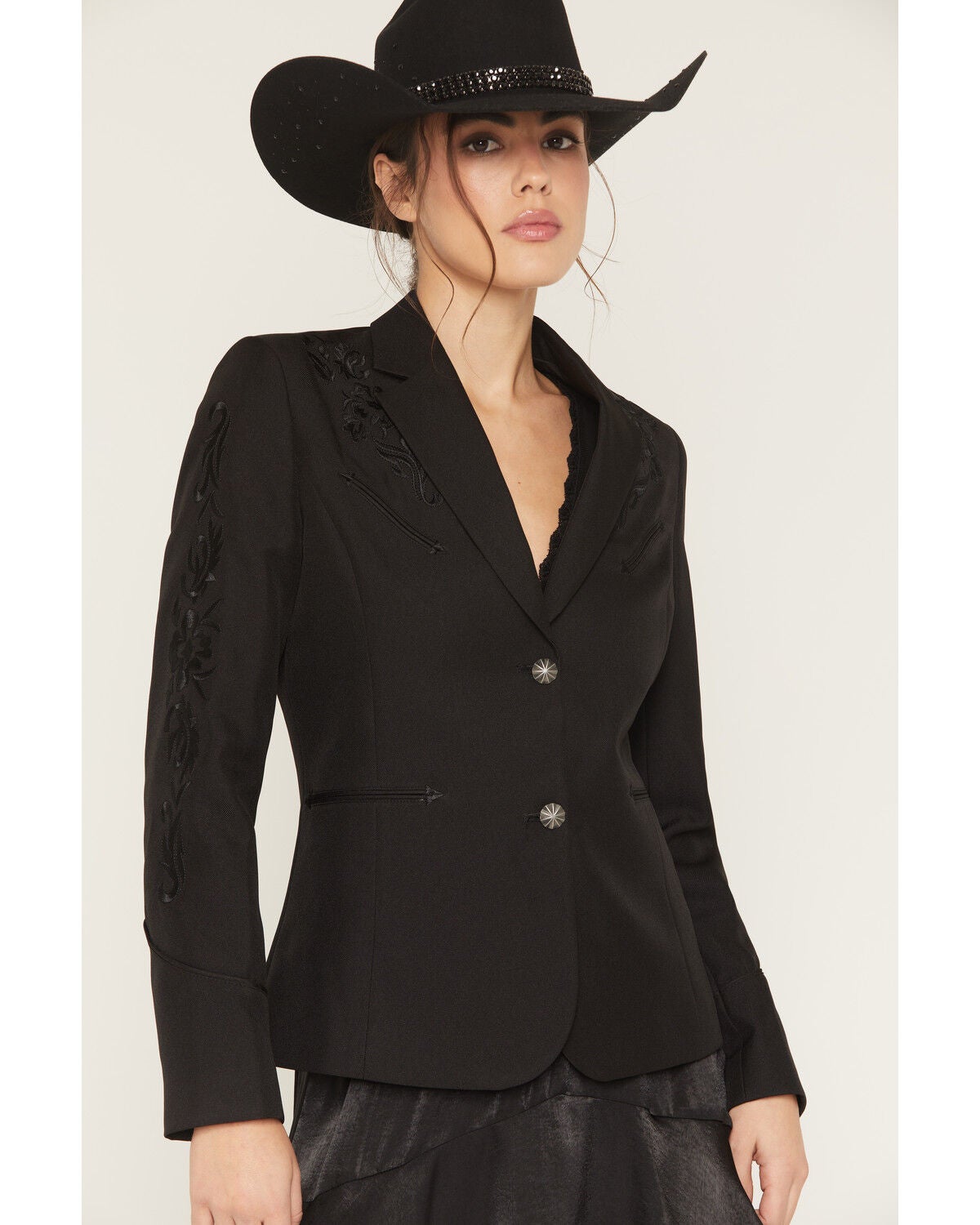 Image #2 - Scully Women's Tonal Scroll Embroidered Button-Down Blazer, Black, hi-res