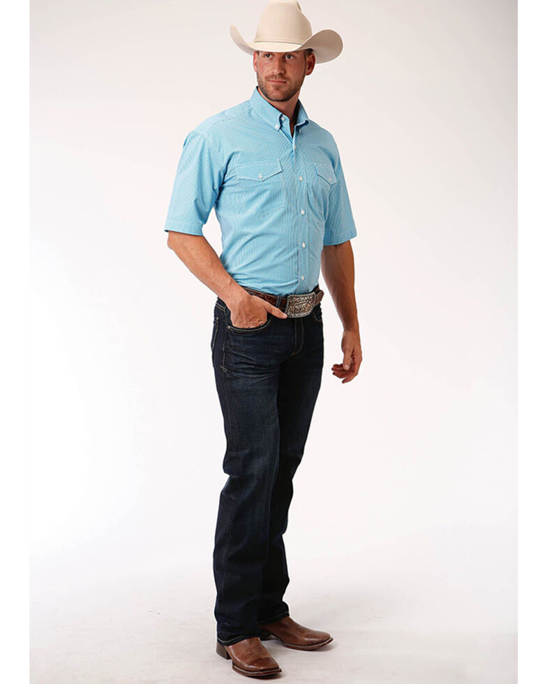 Roper Men's Amarillo Desert Sky Check Plaid Short Sleeve Western Shirt , Blue, hi-res