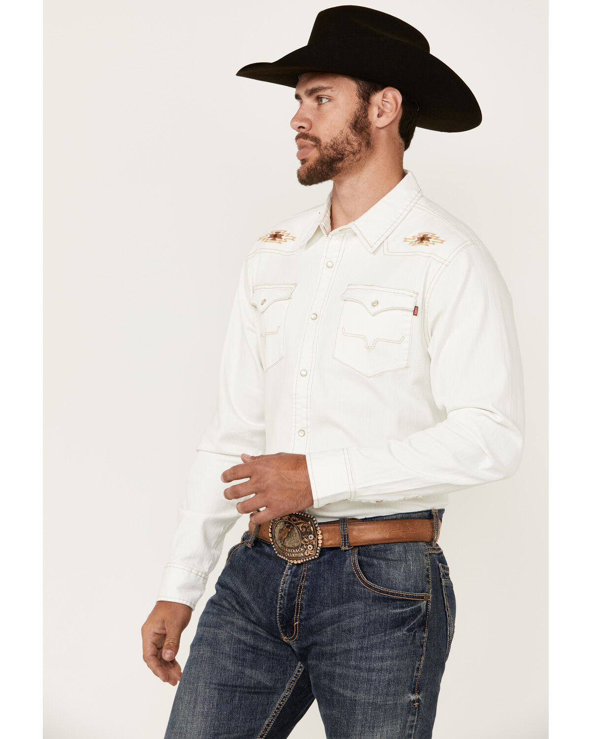 Image #2 - Kimes Ranch Men's Durango Denim Embroidered Long Sleeve Pearl Snap Western Shirt, Natural, hi-res