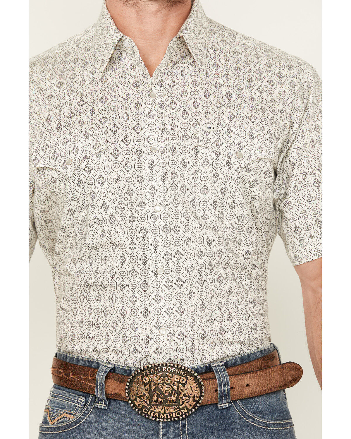Image #3 - Ely Walker Men's Medallion Print Short Sleeve Snap Western Shirt - Big, Cream, hi-res