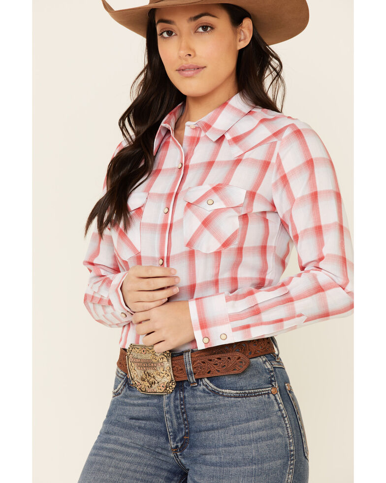 Wrangler Women's Red Large Plaid Long Sleeve Snap Western Core Shirt , Red, hi-res
