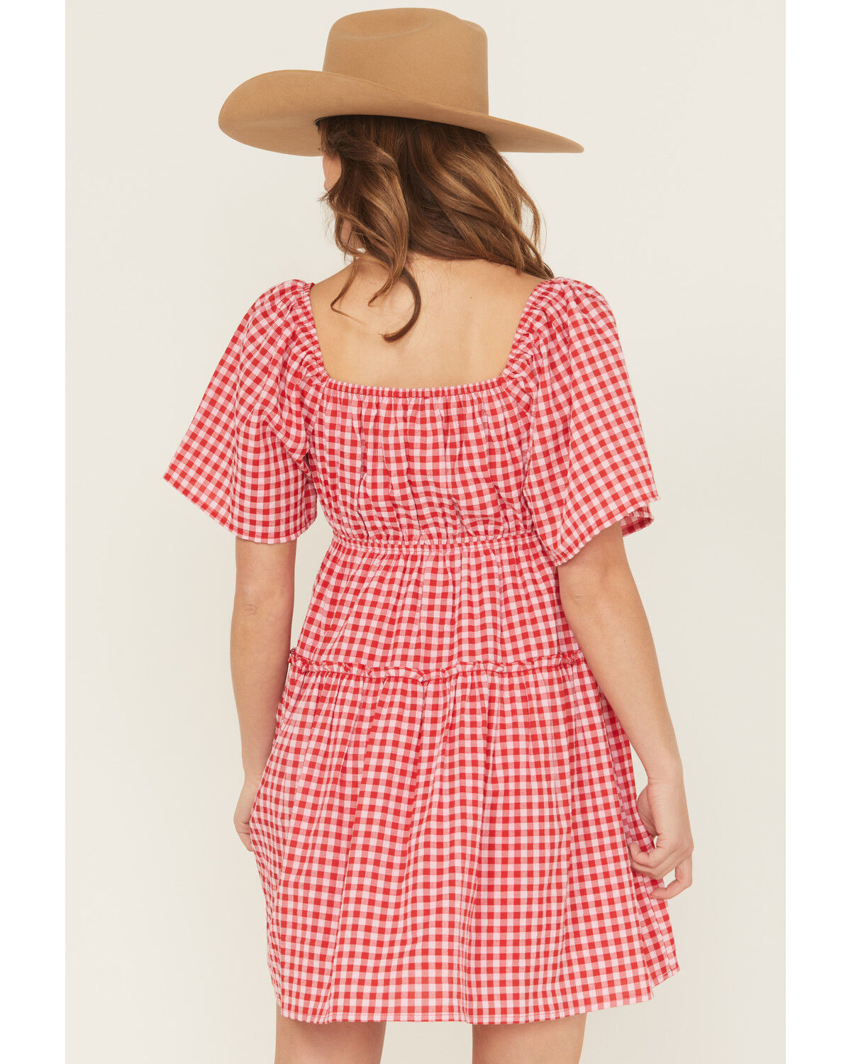 Image #4 - Blue B Women's Gingham Short Sleeve Tie-Front Mini Dress, Red, hi-res
