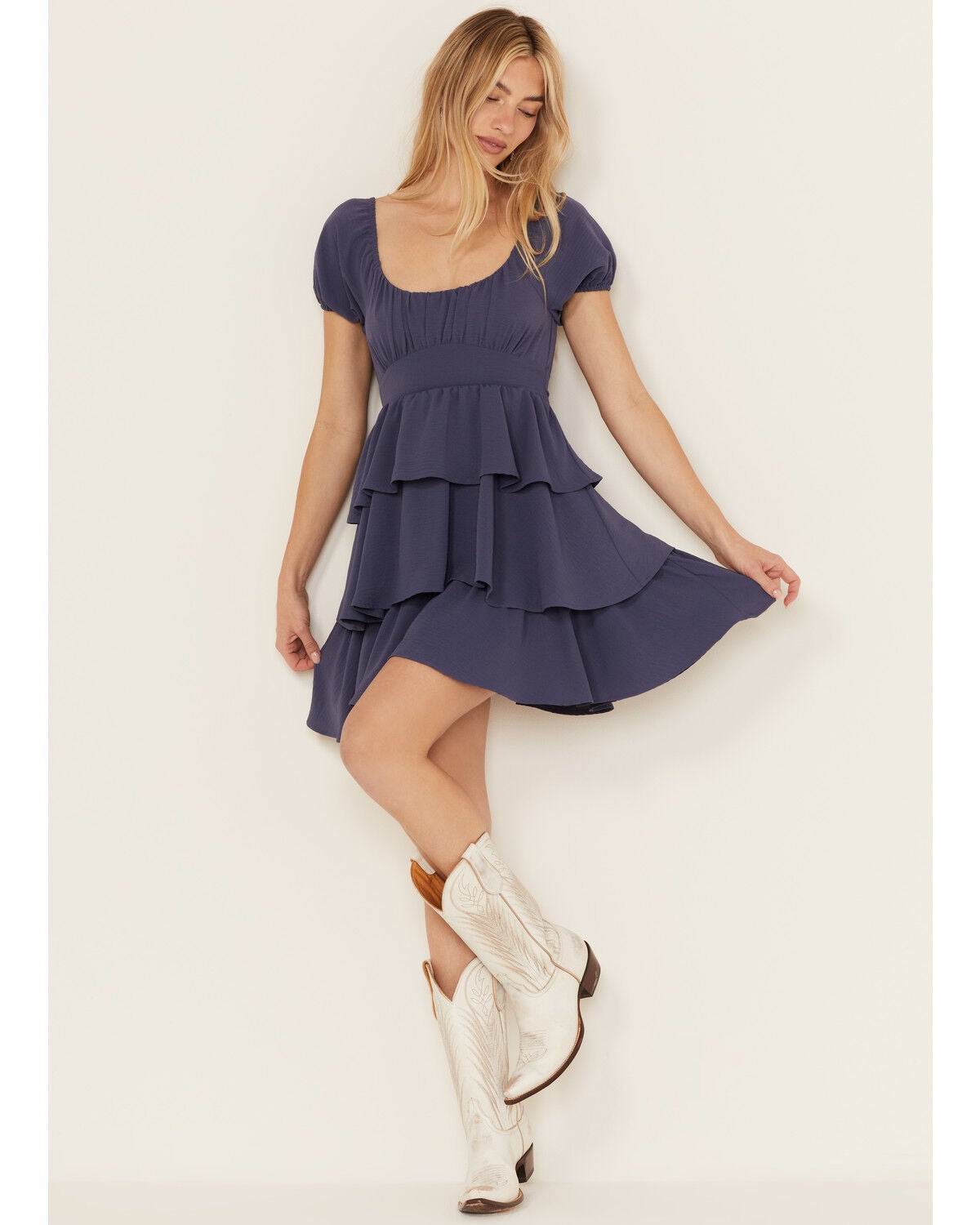 Originality Women's Tiered Short Sleeve Mini Dress, Navy, hi-res