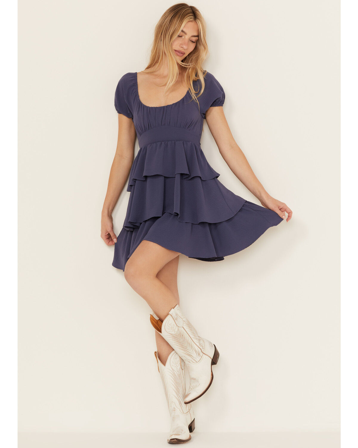 Image #1 - Originality Women's Tiered Short Sleeve Mini Dress, Navy, hi-res