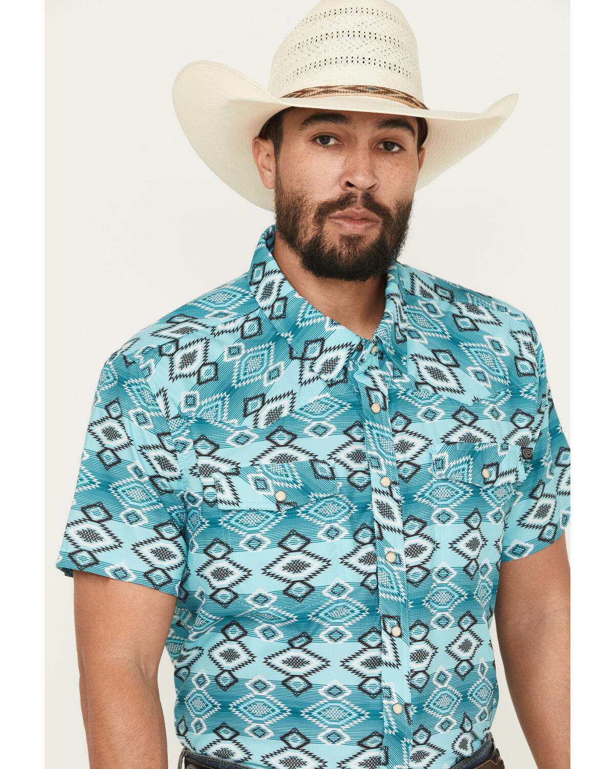 Image #2 - Rock & Roll Denim Men's TEK Southwestern Print Short Sleeve Snap Western Shirt, Cream, hi-res