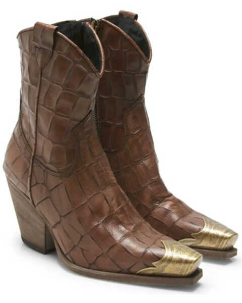 Free People Women's Brayden Croc Brown Leather Fashion Western Booties - Snip Toe , Brown, hi-res