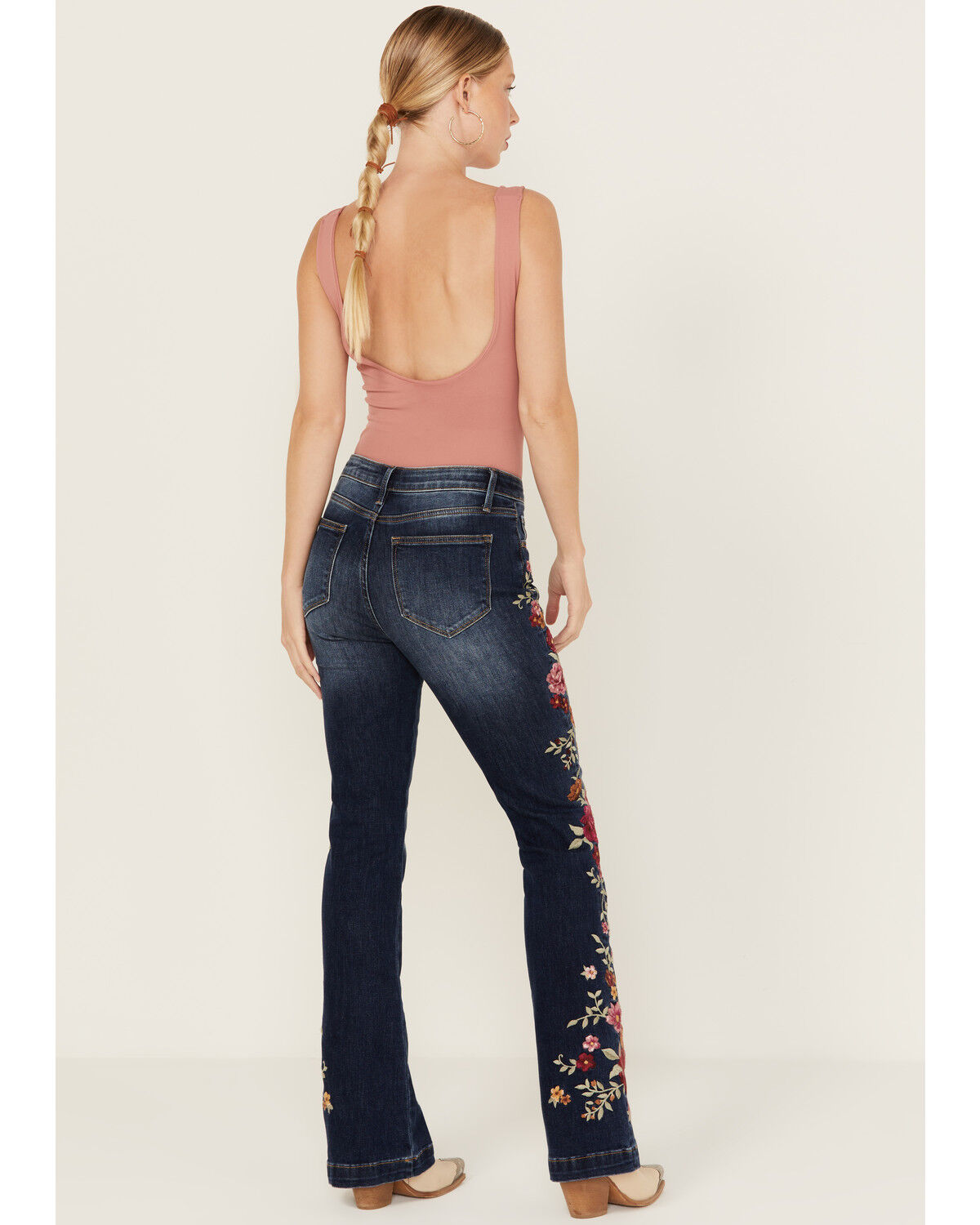Image #3 - Driftwood Women's Medium Wash High Rise Floral Embroidered Stretch Flare Jeans, Medium Wash, hi-res