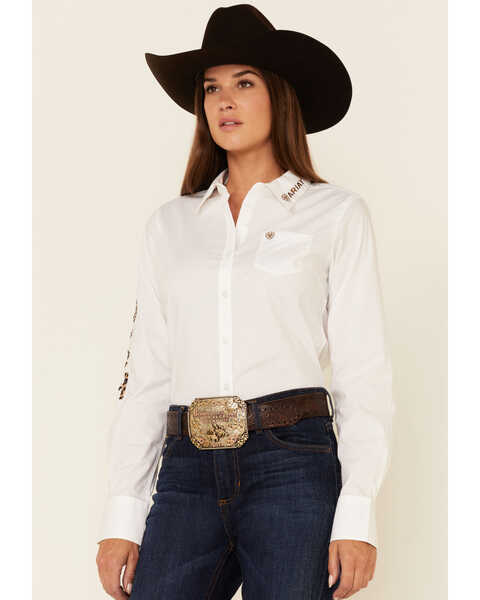 Image #1 - Ariat Women's Team Kirby Leopard Logo Long Sleeve Button Down Stretch Shirt, White, hi-res
