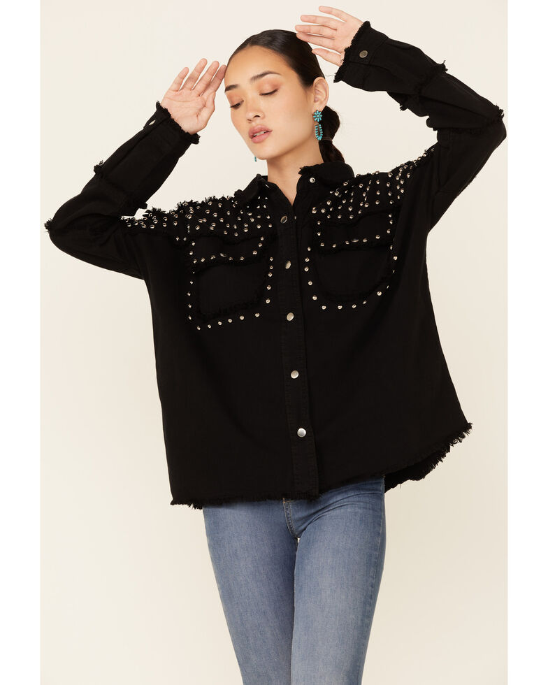 Revel Women's Black Studded Frayed Snap-Front Jacket , Black, hi-res