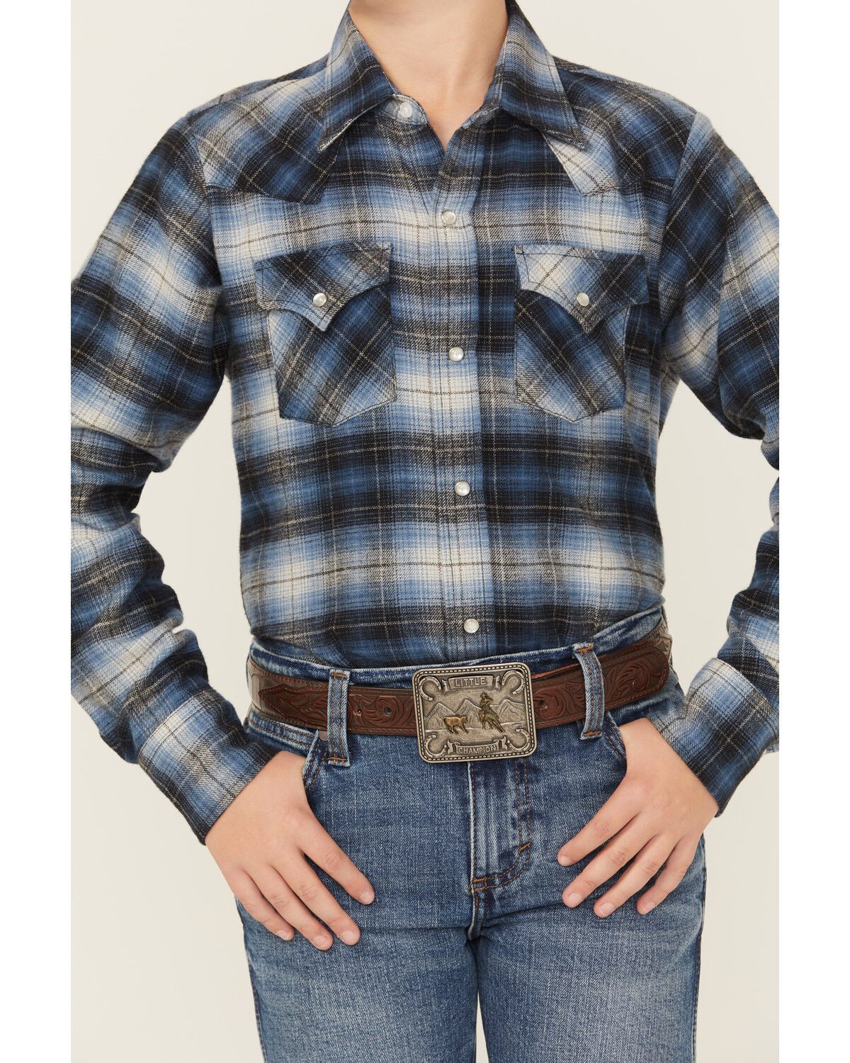 Image #2 - Ely Walker Boy's Plaid Print Long Sleeve Snap Flannel Shirt, Blue, hi-res