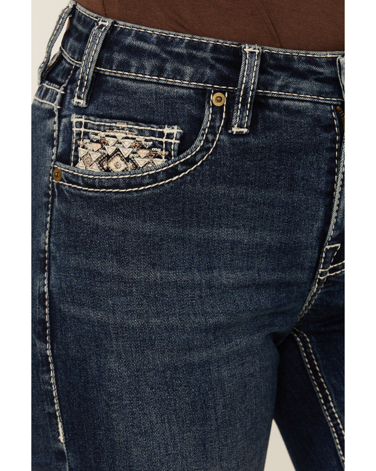 Image #4 - Rock & Roll Denim Women's Dark Wash Mid Rise Geo Pocket Bootcut Stretch Denim Jeans, Dark Wash, hi-res