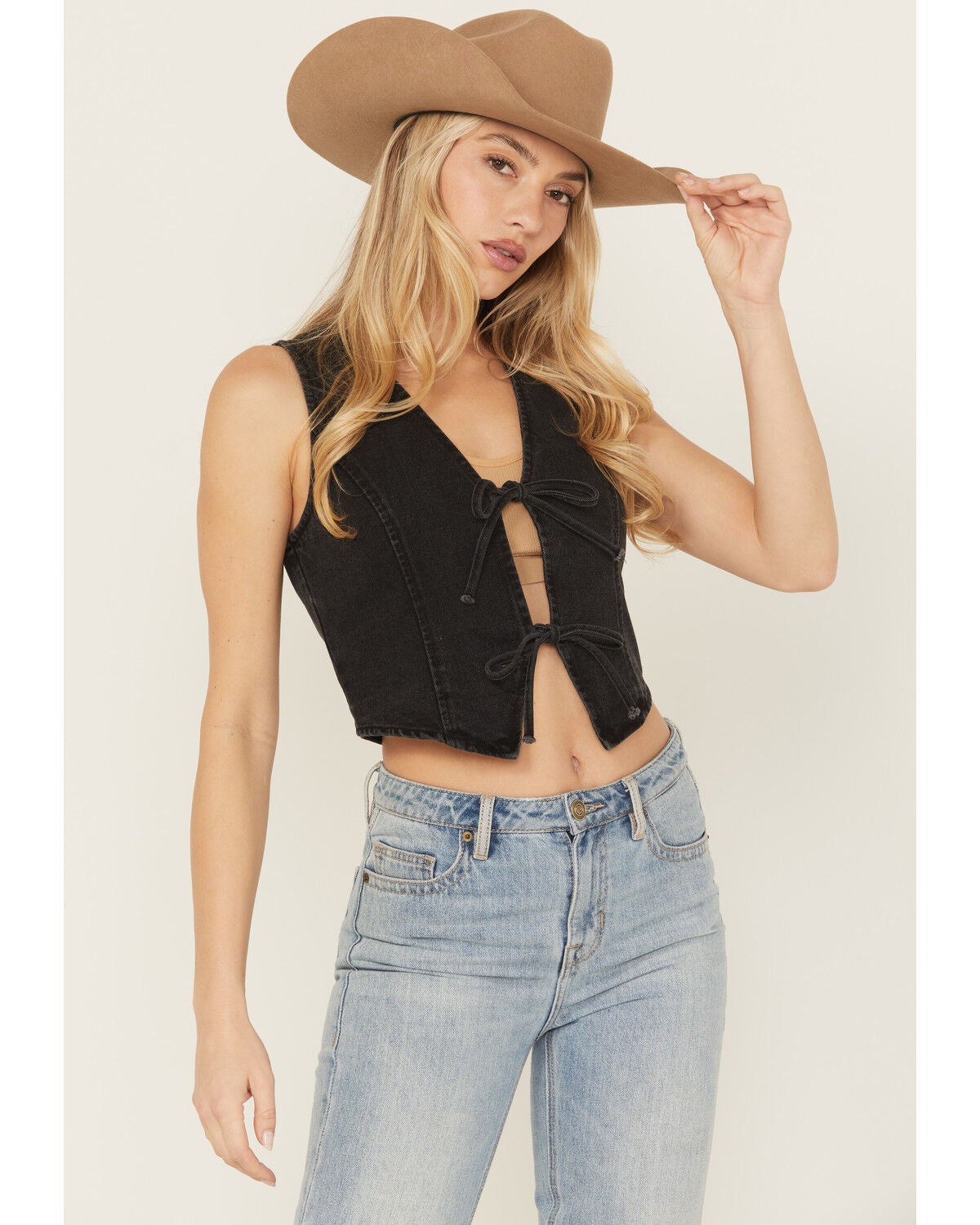 26 International Women's Bow Tie Denim Vest, Black, hi-res