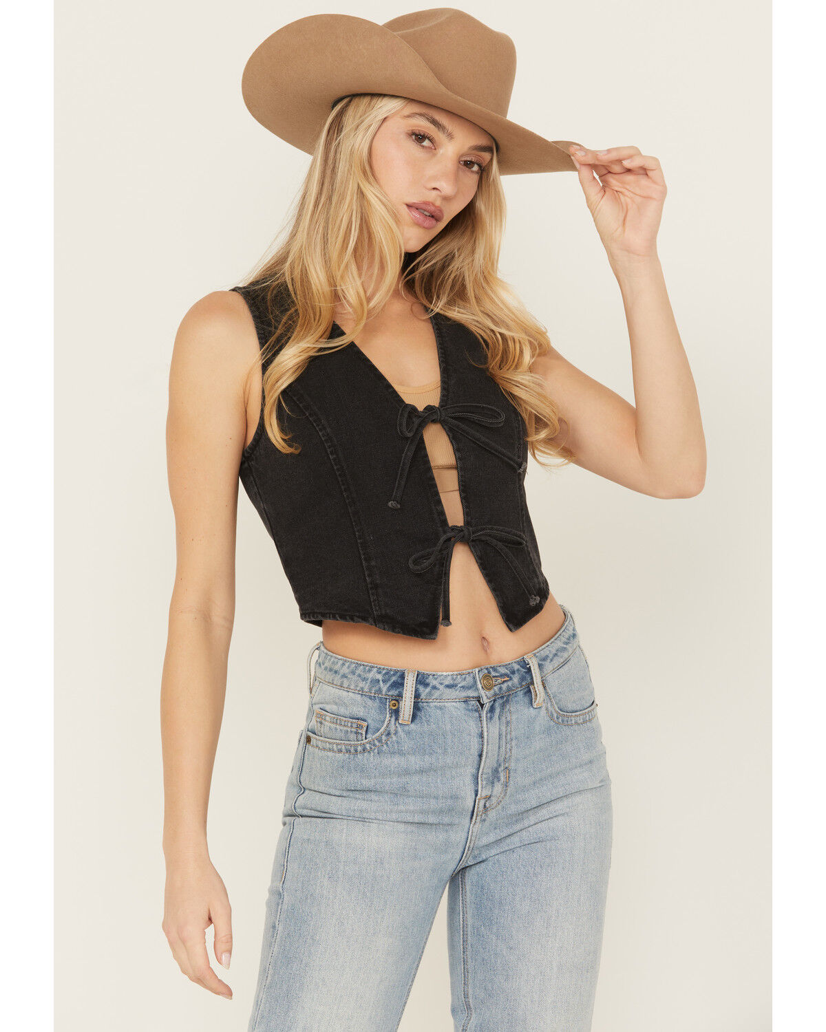 Image #1 - Ashley Vintage Charm by 26 International Women's Bow Tie Denim Vest, Black, hi-res