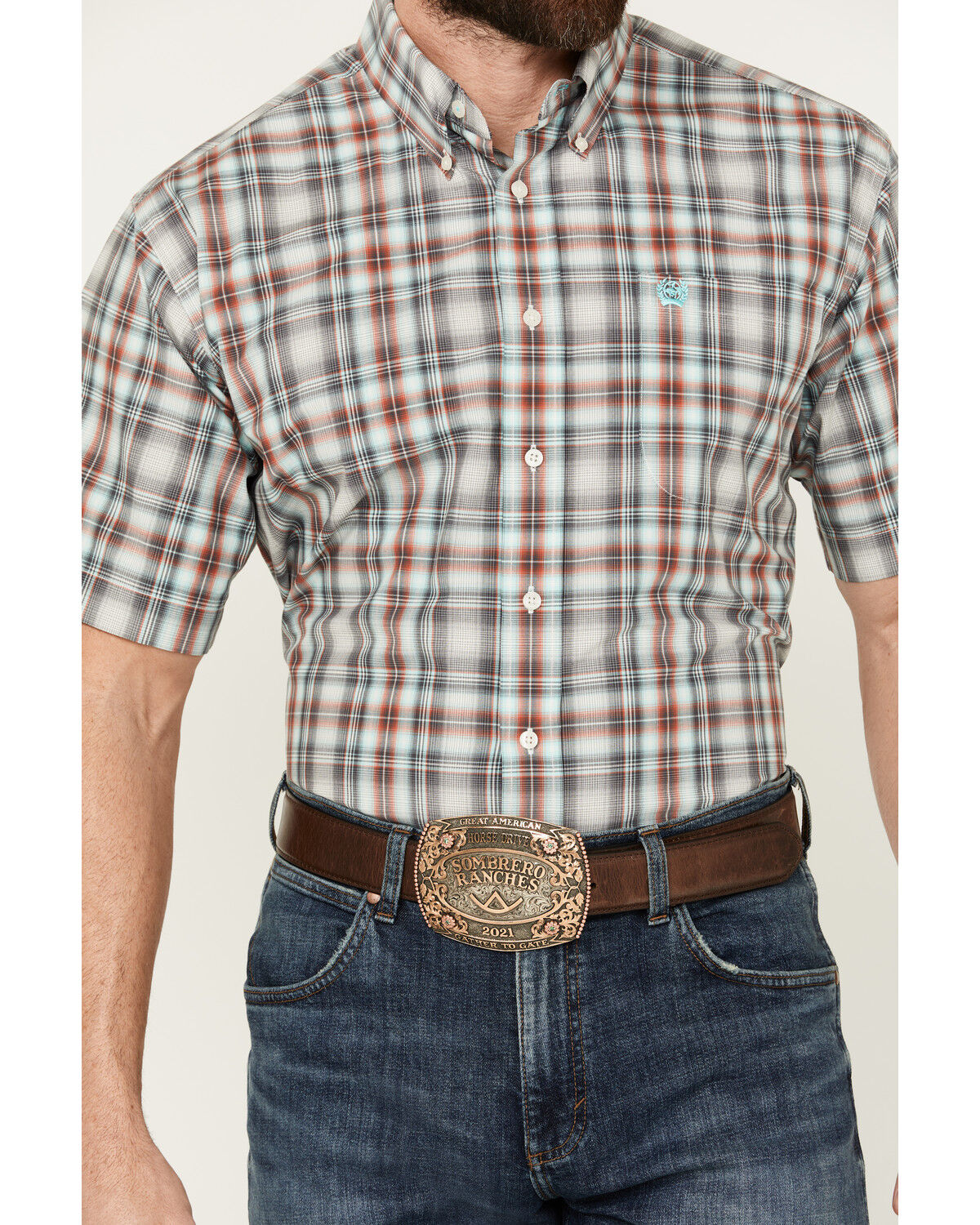 Image #3 - Cinch Men's Plaid Print Short Sleeve Button-Down Western Shirt, Grey, hi-res