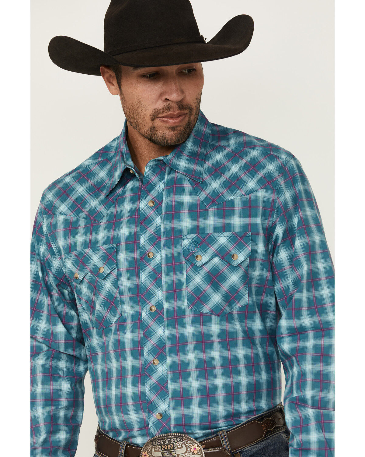 Image #2 - Wrangler Retro Men's Plaid Print Long Sleeve Snap Western Shirt - Tall, Turquoise, hi-res
