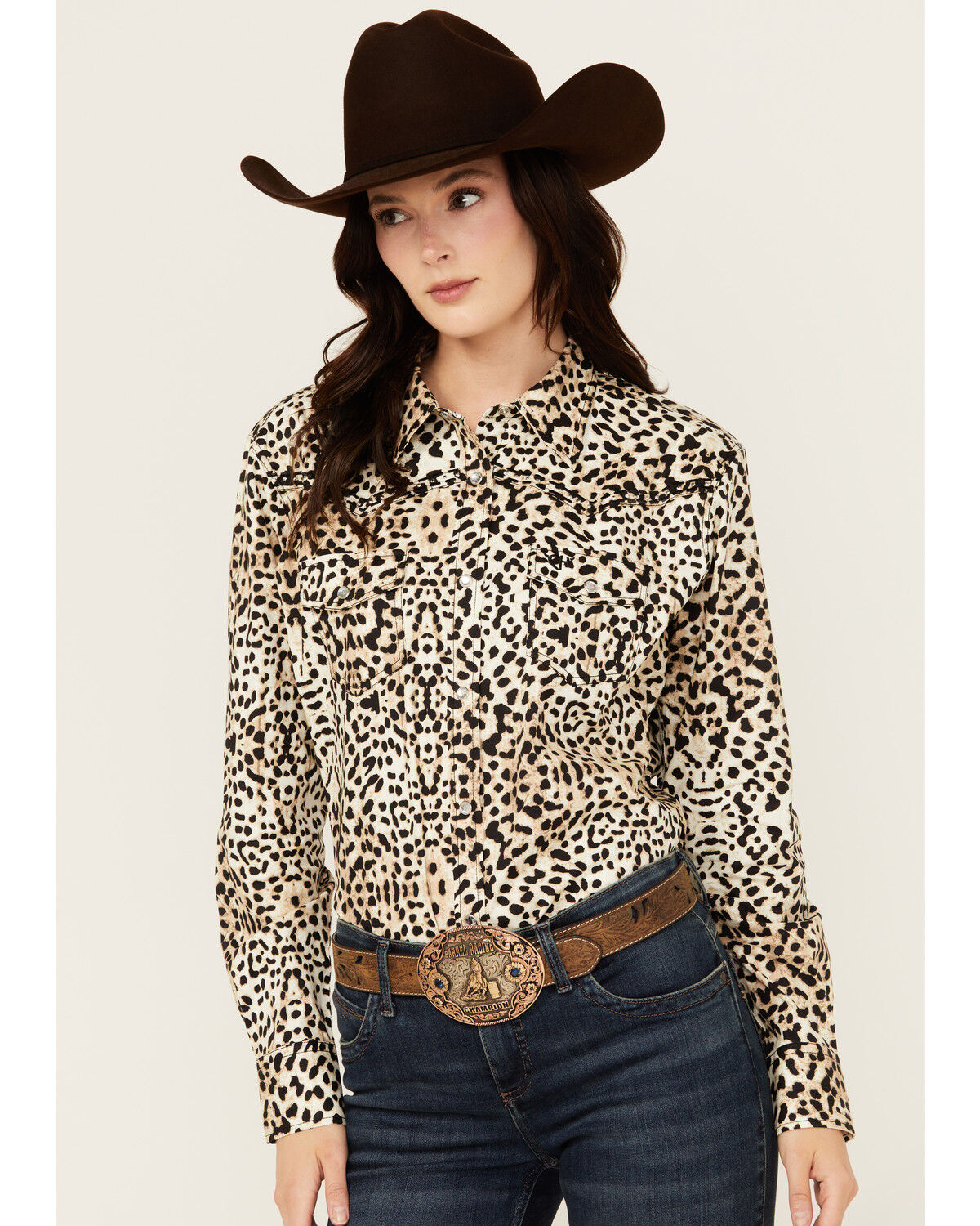 Image #1 - Cowgirl Hardware Women's Leopard Print Long Sleeve Snap Western Shirt, Natural, hi-res