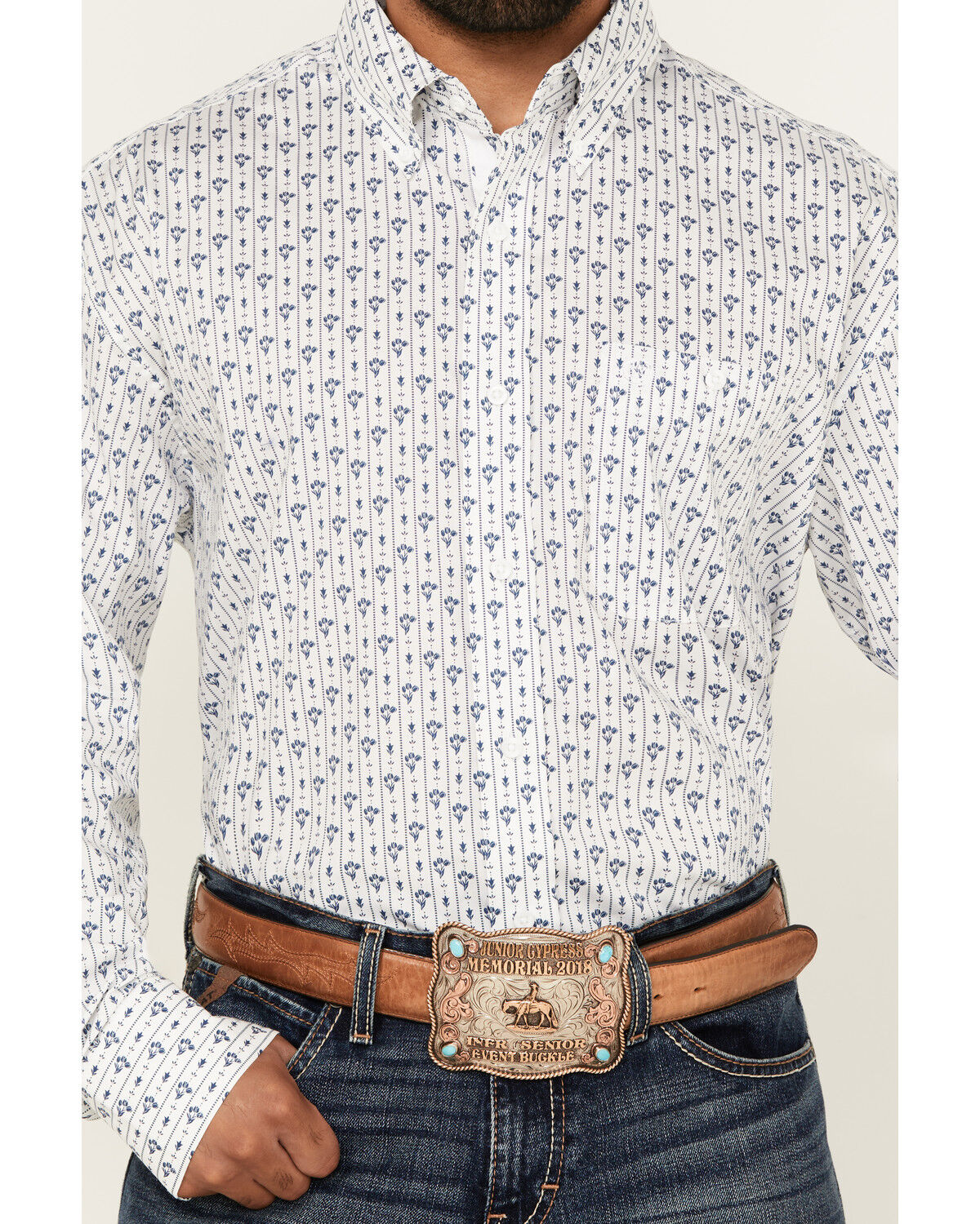 Image #3 - George Strait by Wrangler Men's Floral Striped Long Sleeve Button-Down Stretch Western Shirt - Tall, White, hi-res