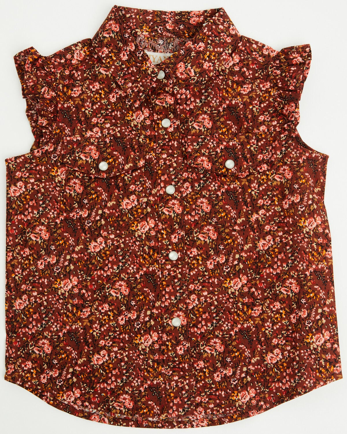 Shyanne Toddler Girls' Ditsy Ruffle Sleeve Snap Western Stretch Shirt, Mahogany, hi-res