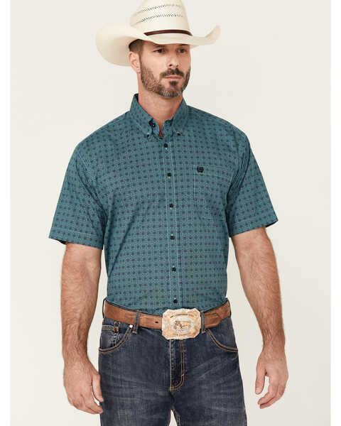 Cinch Men's Turquoise Geo Print Short Sleeve Button-Down Western Shirt - Big , Turquoise, hi-res