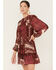 Image #2 - Flying Tomato Women's Paisley Patchwork Smocked Dress, Burgundy, hi-res