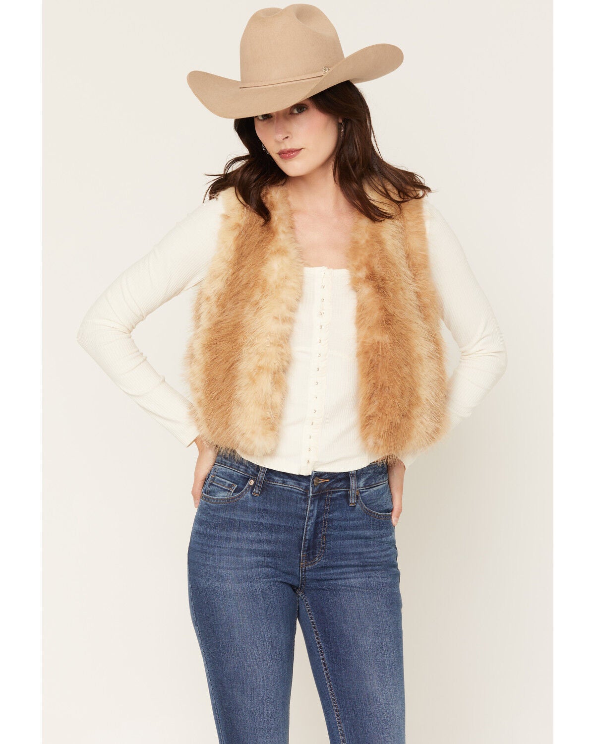 Shyanne Women's Faux Fur Vest, Cream, hi-res