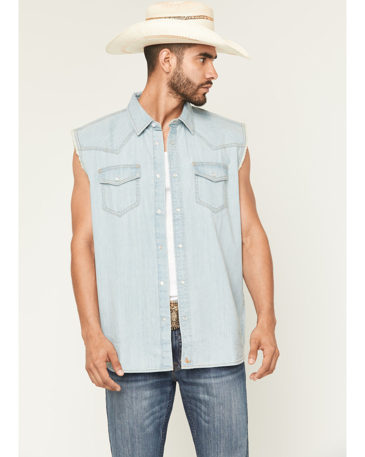 Image #1 - Cody James Men's Light Wash Frosty Sleeveless Snap Denim Bubba, Light Wash, hi-res