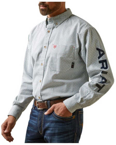 Ariat Men's FR Hoss Logo Long Sleeve Button-Down Work Shirt, White, hi-res