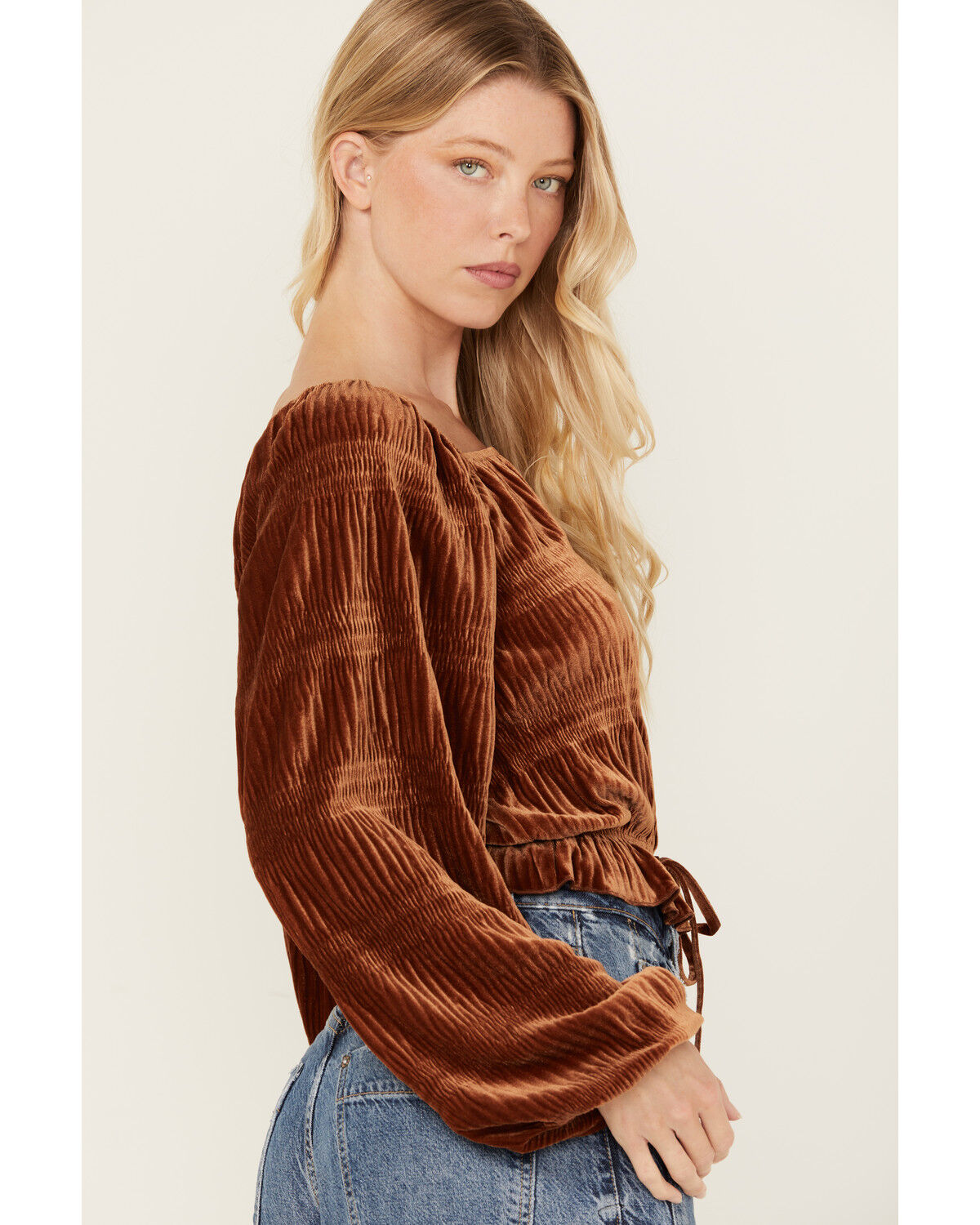 Image #4 - Rock & Roll Denim Women's Velvet Cinch Front Long Sleeve Blouse, Rust Copper, hi-res