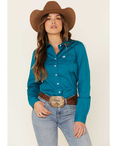 Image #1 - Cinch Women's Teal Solid Button Front Long Sleeve Western Shirt , Teal, hi-res