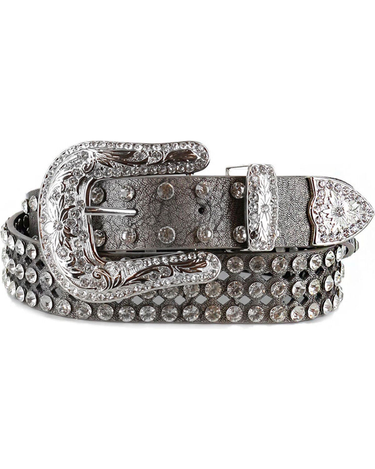 Image #1 - Shyanne Women's Rhinestone Filigree Leather Belt, Silver, hi-res