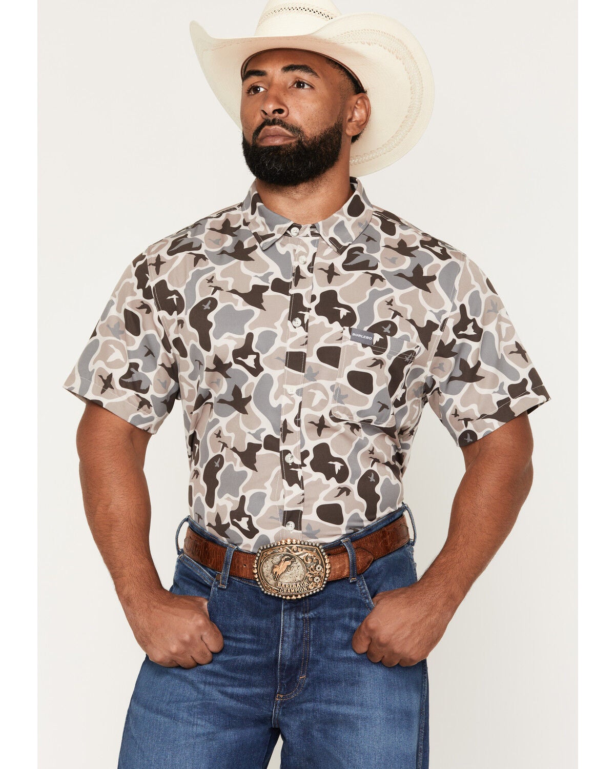 Burlebo Men's Mallard Camo Print Short Sleeve Button-Down Performance Western Shirt, Camouflage, hi-res