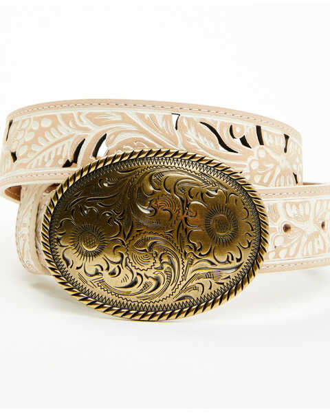 Shyanne Women's Nellie Tooled Cutout Oval Buckle Belt , Cream, hi-res