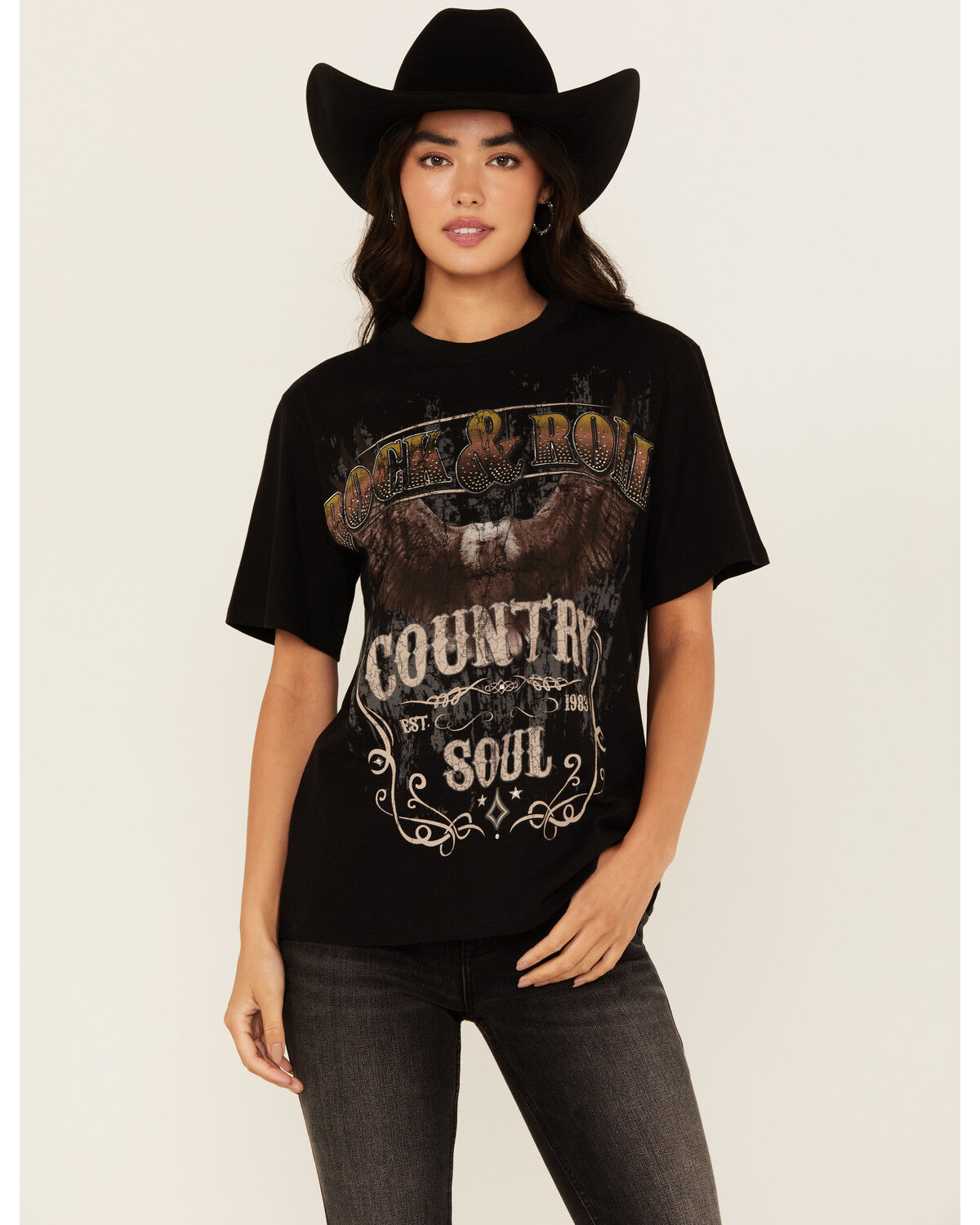 Image #1 - Idyllwind Women's Rock & Roll Country Soul Boyfriend Fit Short Sleeve Graphic Tee, Black, hi-res