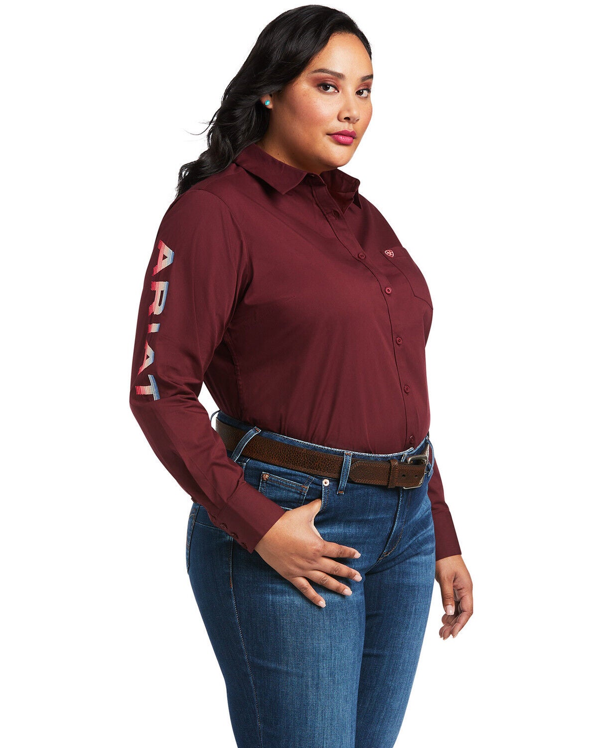 Ariat Women's Team Kirby Stretch Zinfandel Long Sleeve Button Shirt - Plus, Burgundy, hi-res