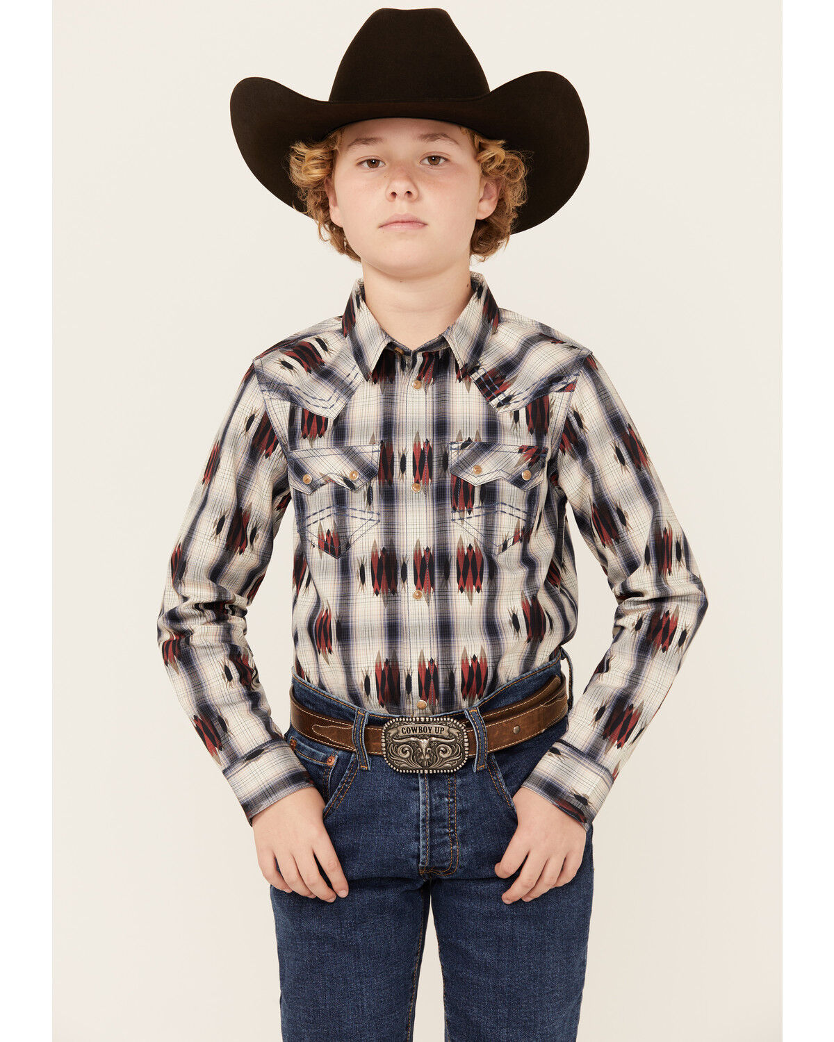 Image #1 - Cody James Boys' Zion Sunset Plaid Print Long Sleeve Snap Western Shirt, Red, hi-res