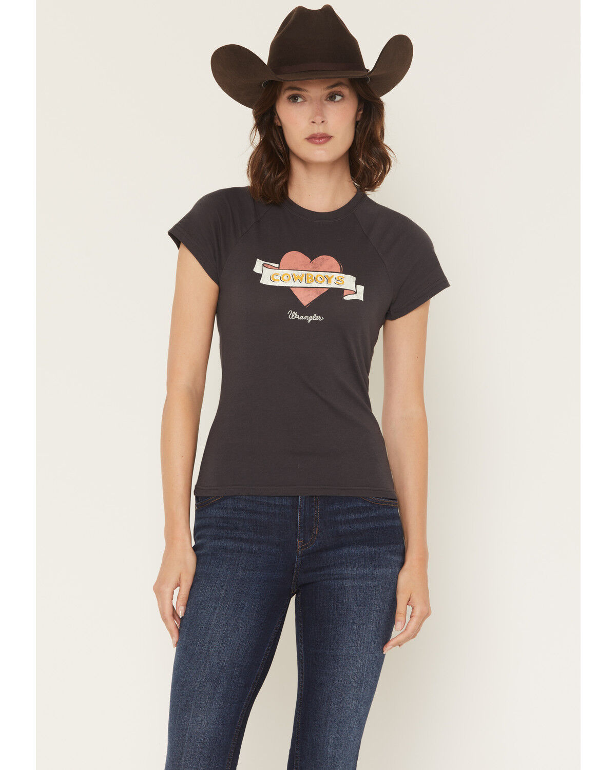 Image #1 - Wrangler Women's Cowboys Short Sleeve Graphic Baby Tee, Black, hi-res
