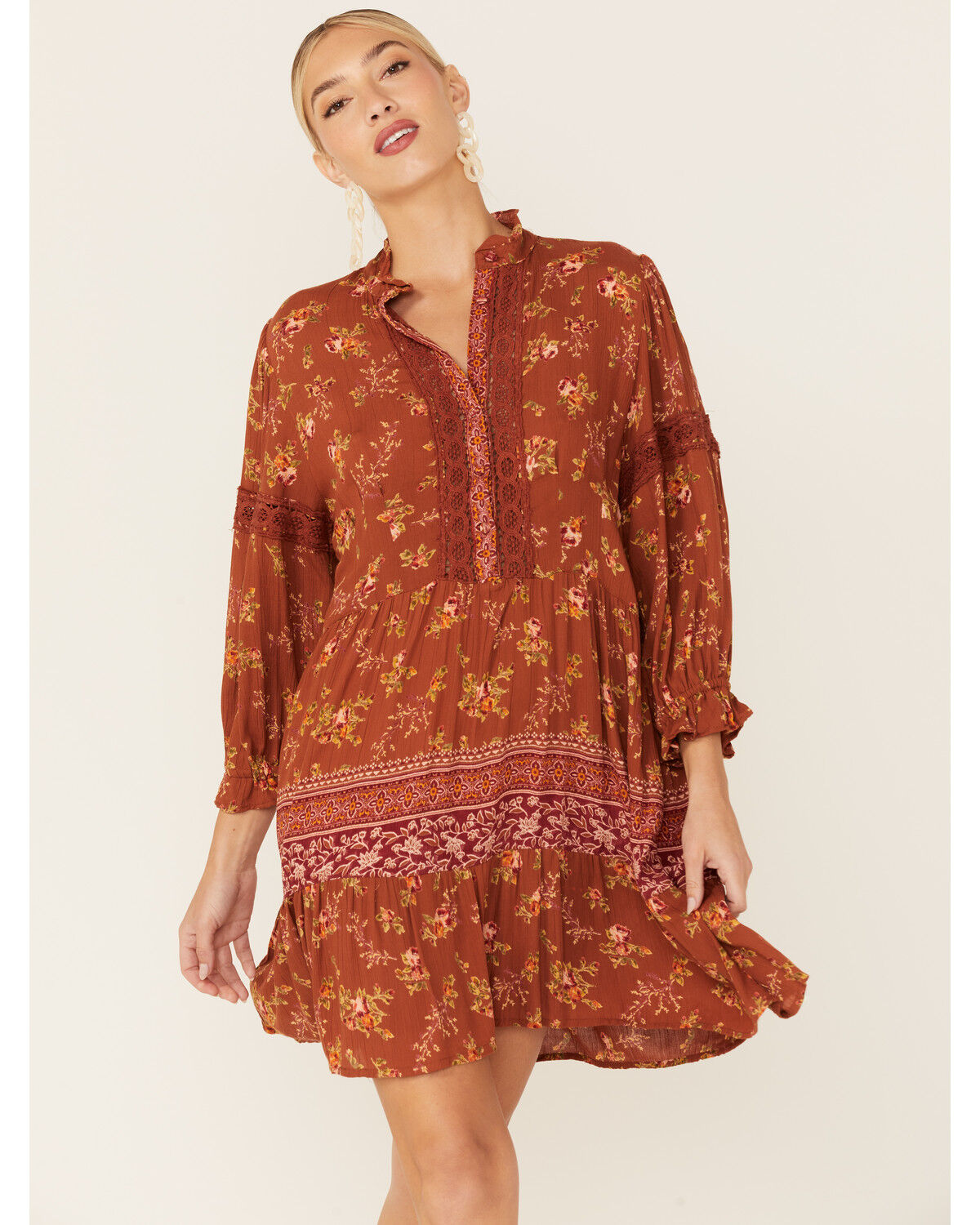 Image #4 - Angie Women's Floral Lace Trim Long Sleeve Mini Dress, Brown, hi-res