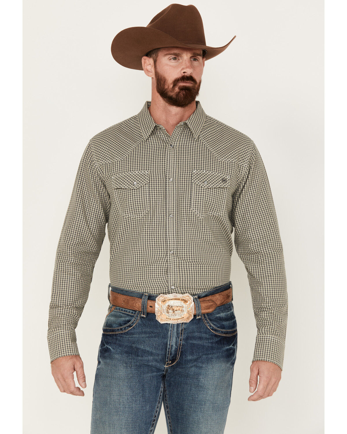 Image #1 - Blue Ranchwear Men's Gingham Check Snap Western Workshirt, Sand, hi-res