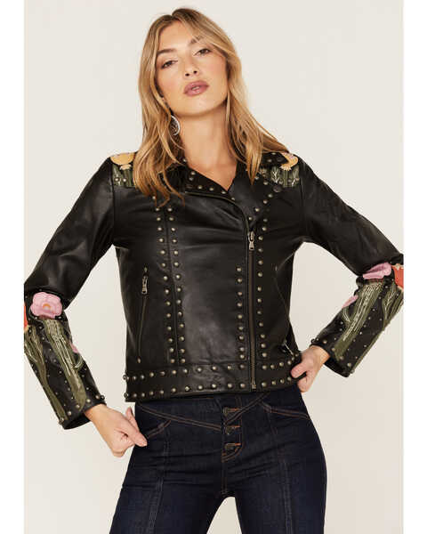 Image #2 - Idyllwind Women's Cactus Bloom Floral Patchwork Leather Moto Jacket, , hi-res