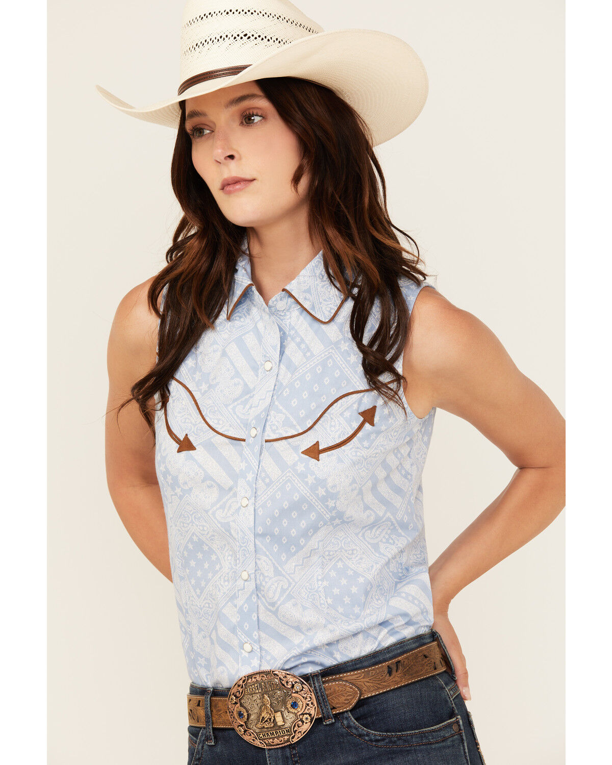 Image #2 - Panhandle Women's Americana Handkerchief Sleeveless Shirt, Light Blue, hi-res