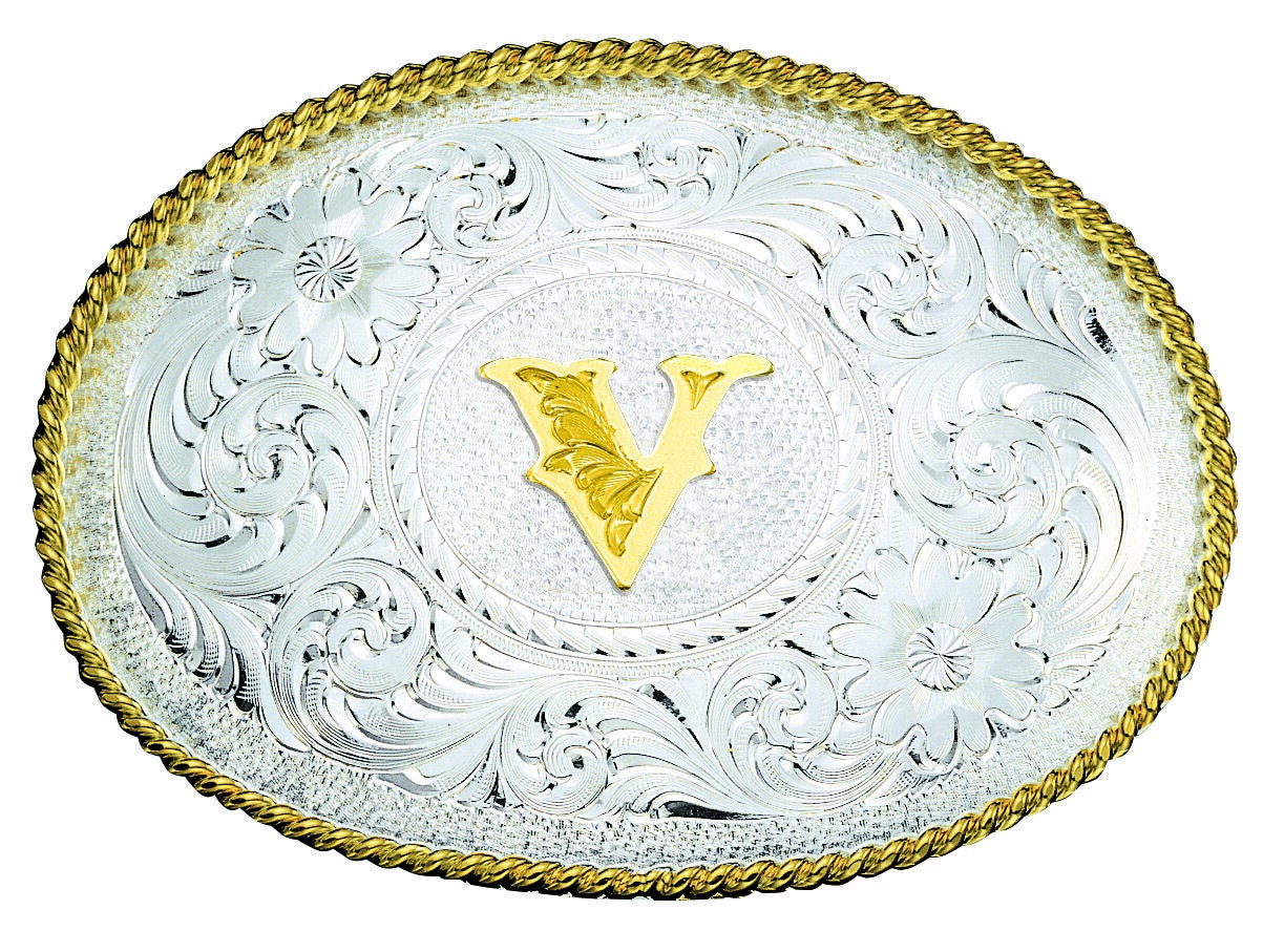 Montana Silversmiths Engraved Initial V Western Belt Buckle, Multi, hi-res