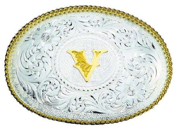 Montana Silversmiths Engraved Initial V Western Belt Buckle, Multi, hi-res