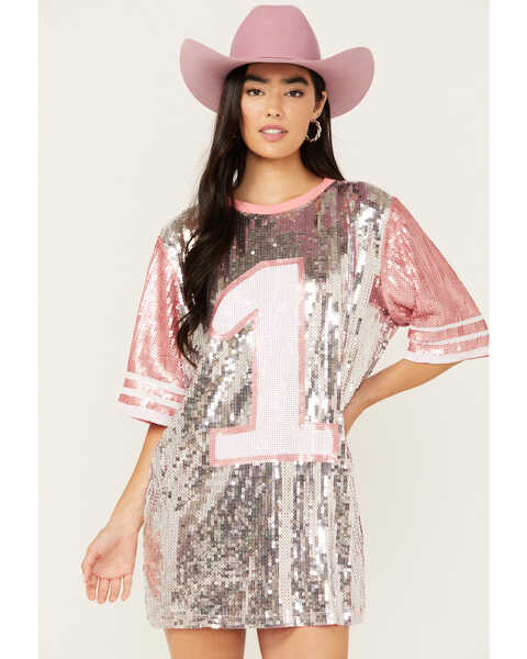 Why Dress Women's Game On Jersey Sequins Oversized Tee, Pink, hi-res